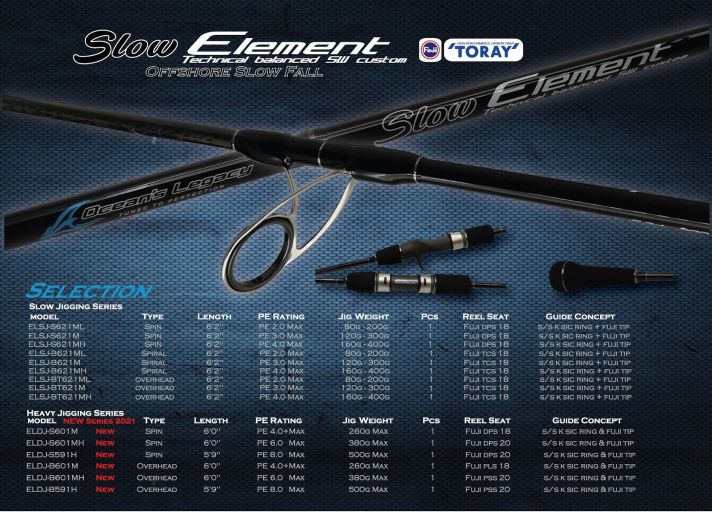 Ocean’s Legacy Element Slow Pitching Rods, ELSJ-BT621ML 6'2 Jig 80-200g PE.2 Traditional Conventional